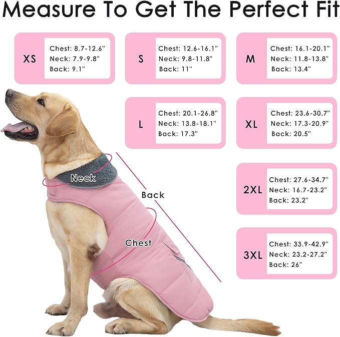 Dog Coat, Waterproof Dog Winter Jacket with Pocket, Reflective Adjustable Pet Snow Vest, Warm Cozy Fleece Sweater for Small Medium Extra Large Dogs - Light Pink, L