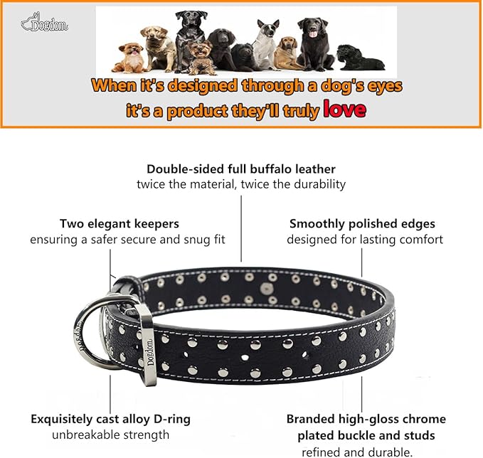 Studded Leather Dog Collar – Durable Adjustable Collar, Brown Large