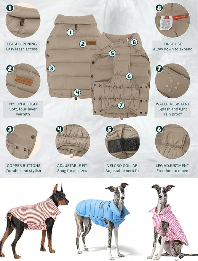 SPACE LION Dog Puffer Jacket, Down Winter Coat, Durable Outdoor Coat for Cold and Windy Conditions, Waterproof, Lightweight Jacket, Adjustable Fit for Small, Medium, Large Dogs(Khaki,12/M)