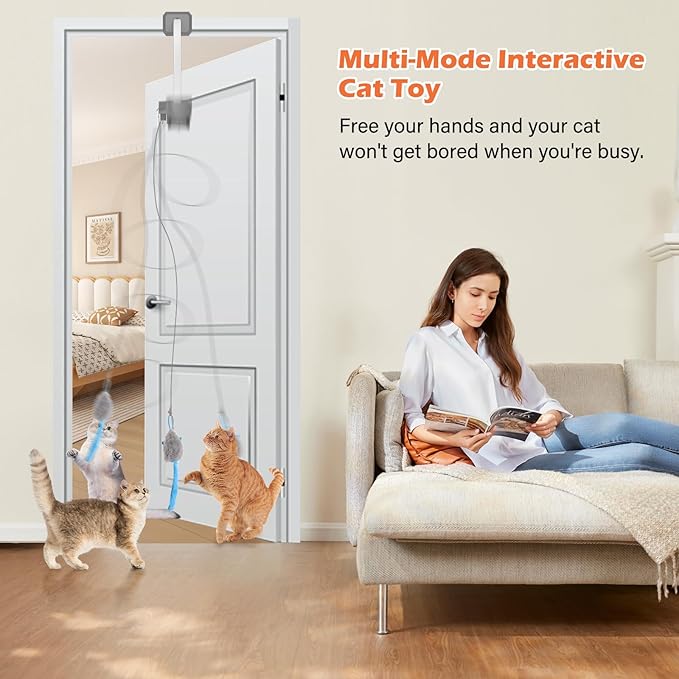 Rechargeable Electric Cat Teaser with Remote – Interactive Door Clip Toy for Cats, 2 Motion Modes (360° Spin & Irregular Jumping), Smart Auto Cat Toy for Exercise & Fun (Gray)