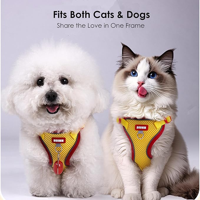 Cat Harness and Leash Set for Walking – Escape-Proof Reflective Vest for Cats and Small Dogs, Adjustable Soft Air Mesh with Pressure-Reducing Design, 4.92ft (Light Brown & Blue, M)