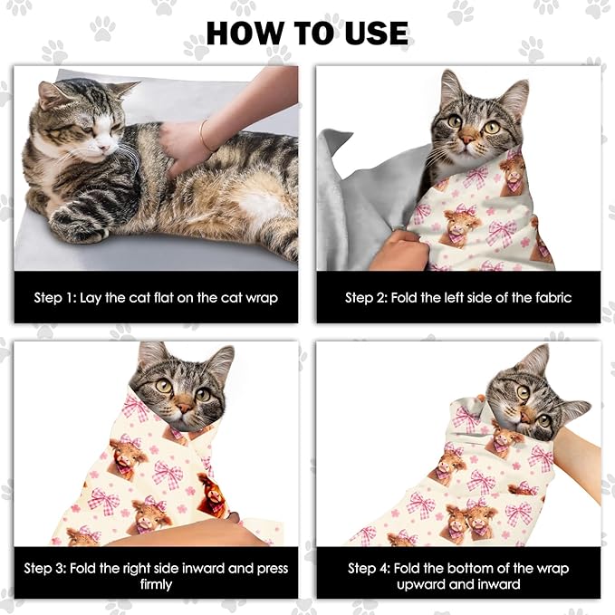 27.6" Cat Grooming Wrap, Self Adhesive Cat Wrap for Cutting Nail, Anti-Escape Calming Cat Swaddle Wrap for Medicine Ear Cleaning, Cow Anti-Scratch Cats Burrito Restraint Blanket, Pet Tool (6-10 lbs)