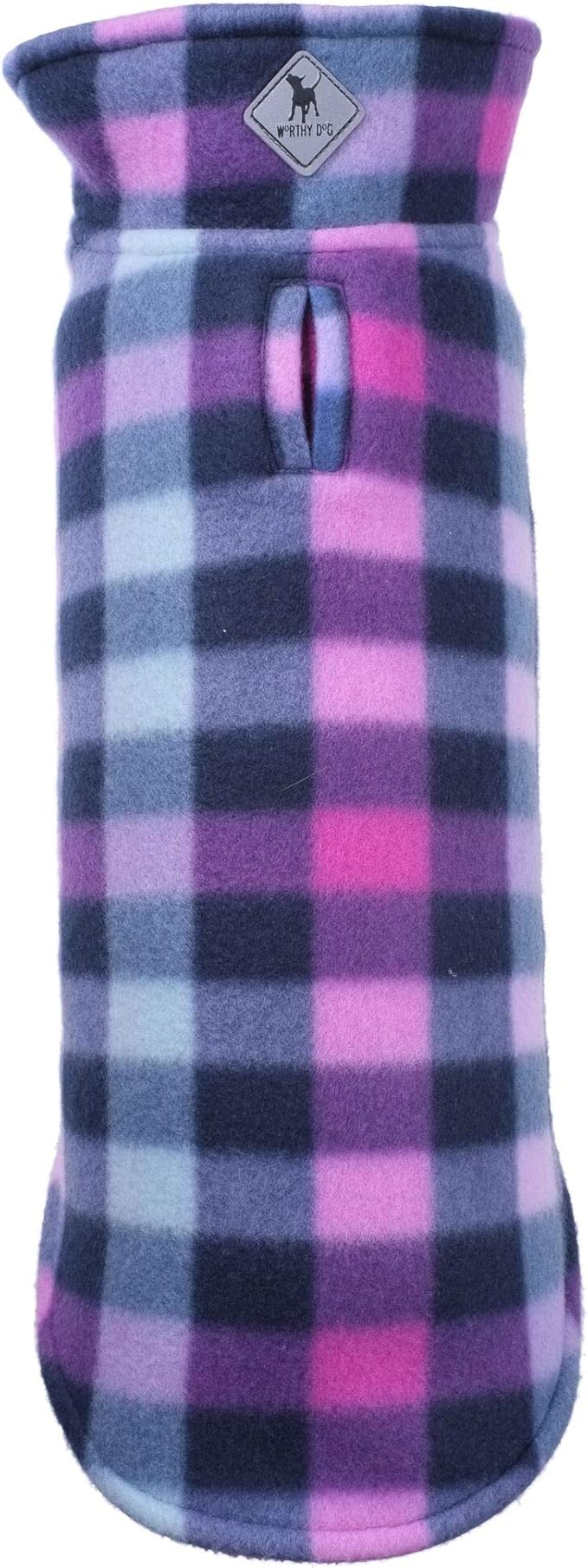 The Worthy Dog Fargo Fleece Plaid Dog Jacket, Adjustable Reversible with Harness Hole, Wind-Resistant, Winter Outdoor Clothes for Pets, Purple - 12''