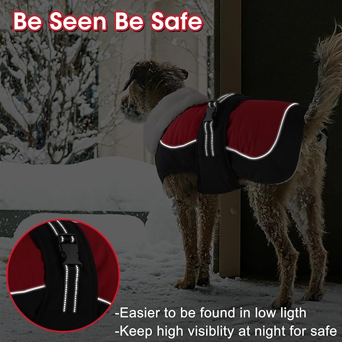 Dogcheer Dog Coat, Christmas Dog Jacket, Waterproof Turtleneck Puppy Winter Coat, Adjustable Pet Puffer Jacket, Reflective Warm Fleece Coats for Small Medium Large Dogs - Red, 3XL