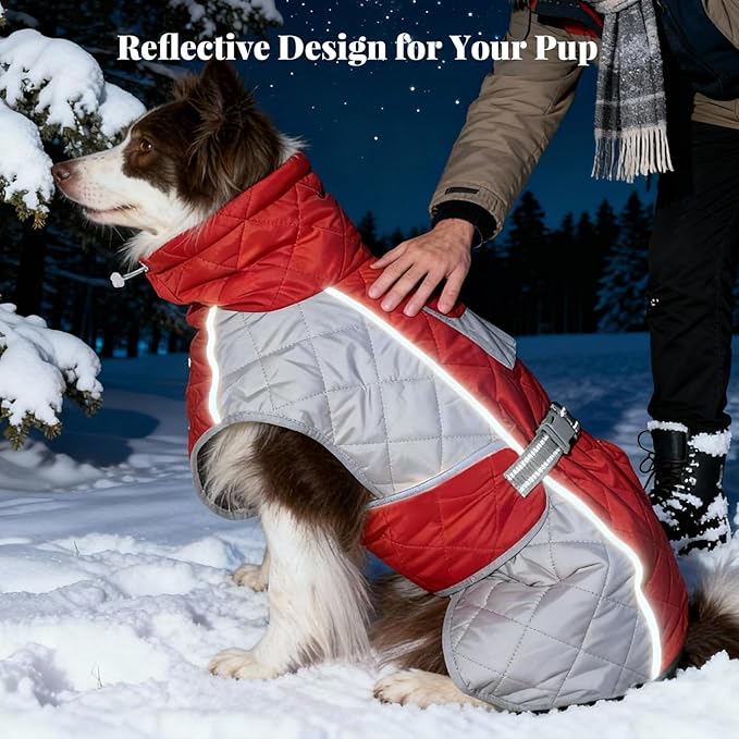 Dog Coat Dogs Winter Coat- Fleece Lined,Water-Resistant,Convertible Collar,Back Reflective Strip&Easy to Wear for Outdoor Walking Dog-Jacket(Red, Medium)