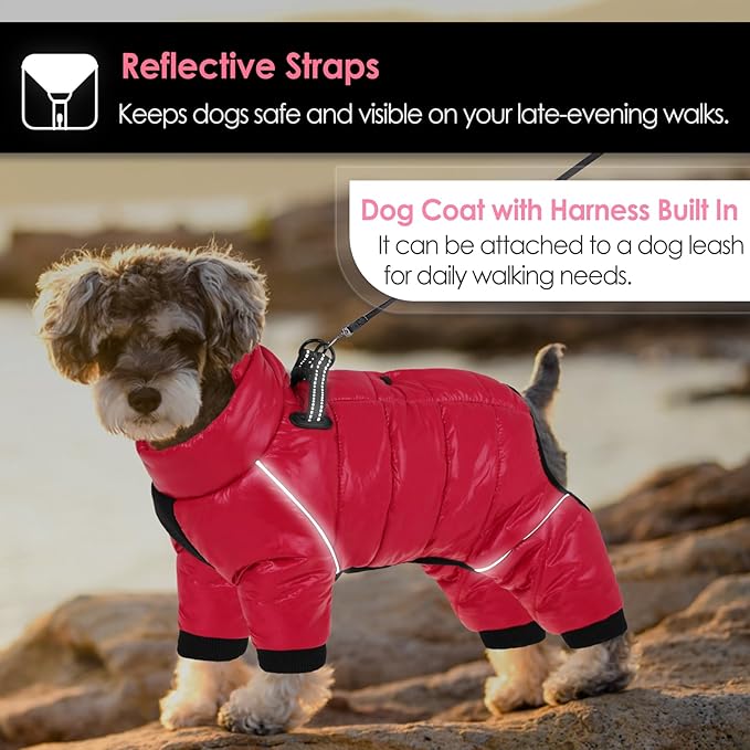 AOFITEE Dog Coat, Waterproof Dog Winter Jacket, Warm Fullbody Small Dogs Snowsuit, Winter Coat for Small Dogs, Zip Up Pet Puffer Jacket Fleece Vest, Outdoor Reflective Pet Snow Jackets, Christmas Red