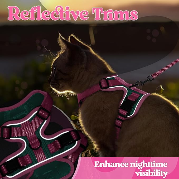 rabbitgoo Cat Harness and Leash Set, Escape Proof Soft Adjustable Vest Harnesses for Outdoor Walking, Easy Control Breathable Kitten Jacket with Reflective Strips, Green & Pink, M