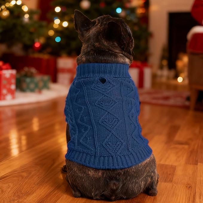 PUPTECK Dog Sweater, Turtleneck Warm Knitted Pullover Coat, Thick Cable Knitwear Clothes in Winter, Pet Apparel Outfits for Small Medium Dogs, for Cold Weather Indoor & Outdoor, Deep Blue SM