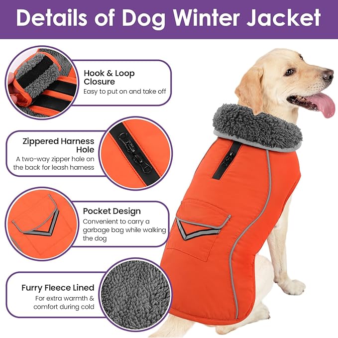 SUNFURA Dog Coat, XXXL Dog Winter Jacket, Reflective Fleece Snow Coat with Furry Collar, Waterproof Pet Puffer Jacket for Great Dane Extra Large Dogs, Orange 3XL
