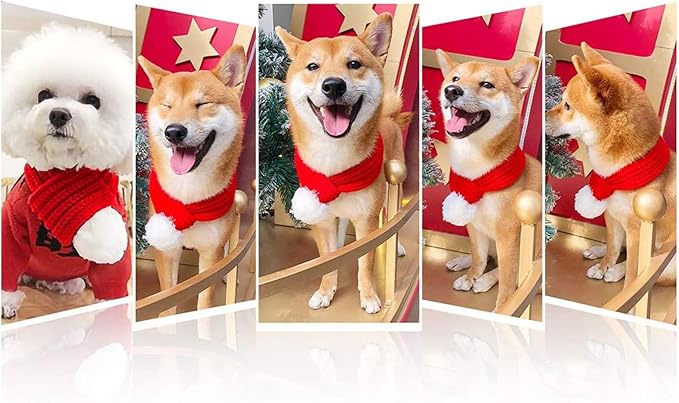Inscape Data Christmas Dog Santa Hat with Adjustable Scarf, Red Knit Scarf with White Pompom Ball, Dog Winter Neck Warmer, Christmas Party Dressup