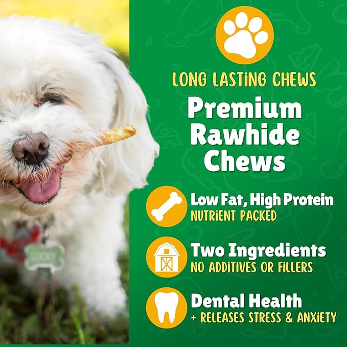 Chicken Wrapped Rawhide Dog Treats – 200ct. Rawhide Chew Sticks – Long Lasting Chews for Small Dogs Made in The USA with Natural Chicken and Beef Hide