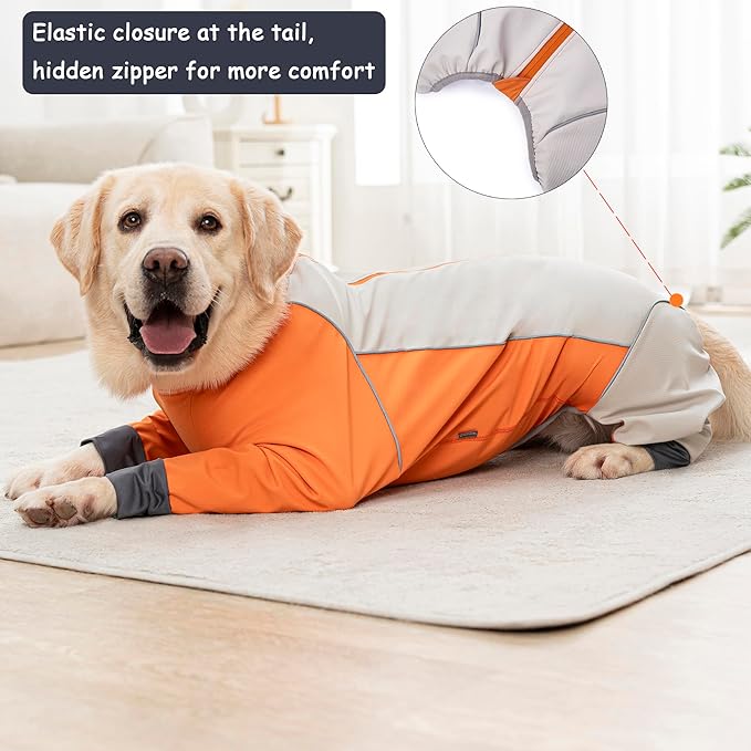 Dog Full Body Winter Coat, Waterproof Fleece Jacket for Small Medium Large Dogs Reflective Snowsuit with Zipper for Outdoor Skating (Orange, 6XL(Weight 85-100 lbs))