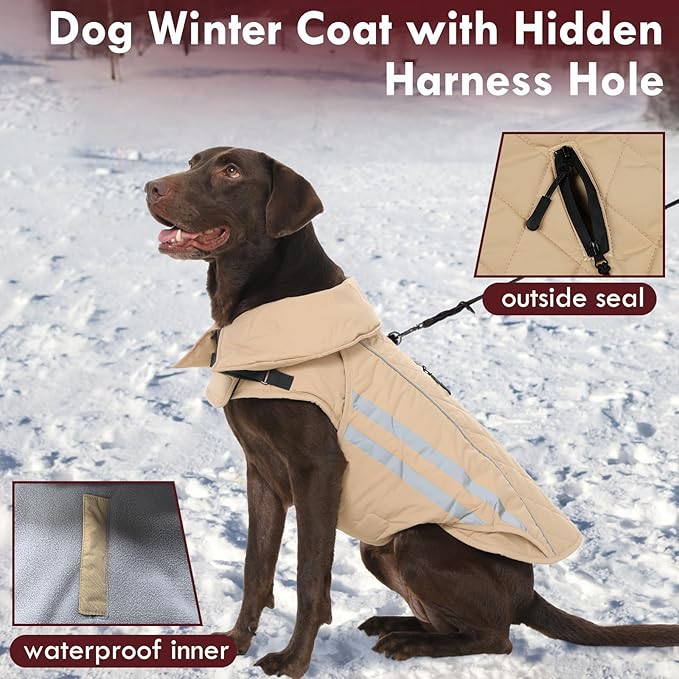 Dog Coats for Medium Dogs Waterproof Warm Winter Jacket with Leash Hole Reflective Turtleneck Fleece Snowsuit Hook & Loop Snow Jackets for Dogs, Khaki M