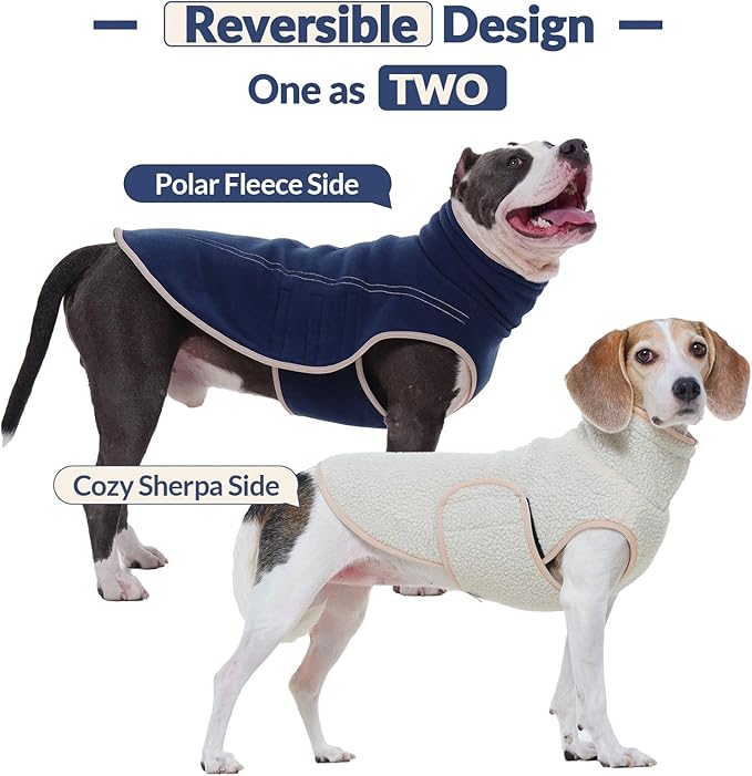 ROZKITCH Reversible Fleece Dog Jacket, Super Warm Sherpa Sweater with Leash Hole & Embroidery, Adjustable Double-Sided Plush Vest for Medium Breeds Outdoor Indoor DarkBlue L