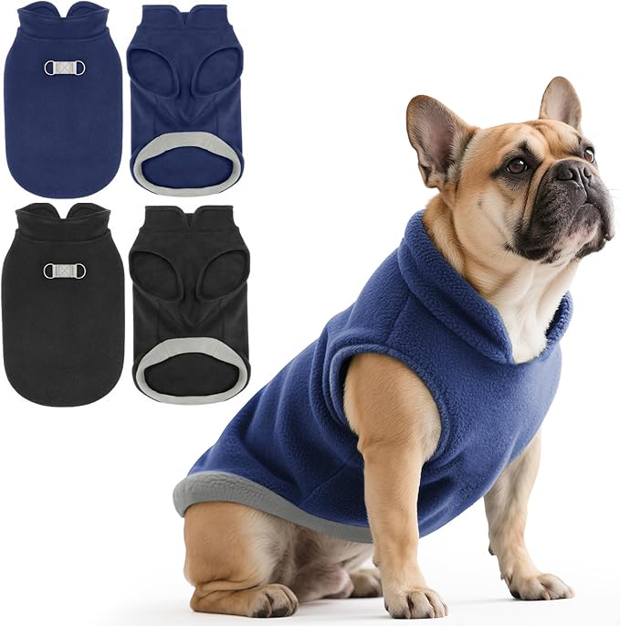 Idepet 2 Pack Dog Fleece Vest Sweater Warm Pullover Jacket with D-Ring Leash Reflective Winter Coat Hoodie for Puppy Cat French Bulldog Pug Chihuahuas Yorkies Dachshunds(Black&Blue,Medium)