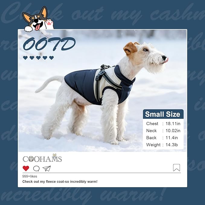 Dog Winter Coat for Small & Medium Dogs (Up to 31lb), Waterproof Dog Coat with Harness, Puppies Windproof Puppy Puffer Jacket, Snowsuit for Dachshund,Frenchie, Corgi (Classic Blue, Medium)