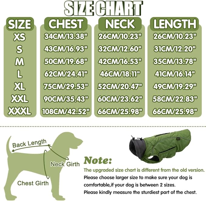 EMUST Winter Dog Coat for Medium Boys - Thick Clothes with Harness Hole for Cold Weather, Green, M