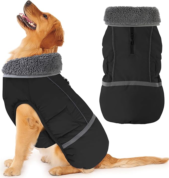 Dogcheer Warm Dog Coat, Waterproof Dog Jacket Christmas Puppy Winter Coat with Buckle, Reflective Adjustable Pet Snow Jacket Turtleneck Fleece Sweater for Small Medium Large Dogs - Black, XL