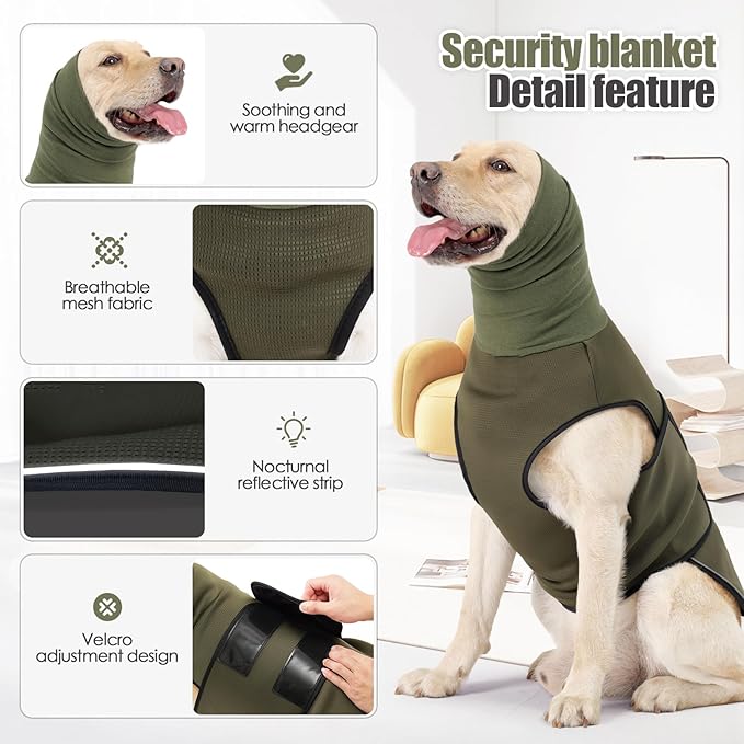 Dog Anxiety Vest,Pet Calming Hoodie Breathable Dog Anti-Anxiety Jacket for Thunder Fireworks and Separation,Green L