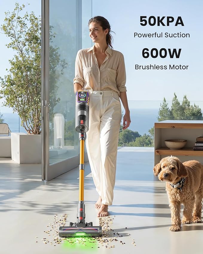 Cordless Vacuum Cleaner,50KPa 600W 65Mins Vacuum Cleaners for Home,Stick Vacuum with LED Display &Anti-tangle Brush and Self-Standing Design,Vacuum Cleaner for Hardwood Floors,Carpet,Pet Hair,Car