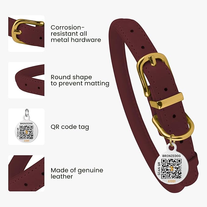 BronzeDog Rolled Leather Dog Collar with QR ID Tag, Adjustable Soft Round Collars for Small Medium Large Dogs Puppy (16" - 19" Neck Size, Burgundy)