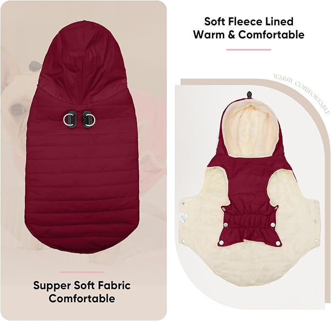 Fleece Lining Dog Hoodie with Harness Built in,Extra Warm Large Dog Jacket in Winter Doggie Coats with Drawstring Hooded,Red XXXL