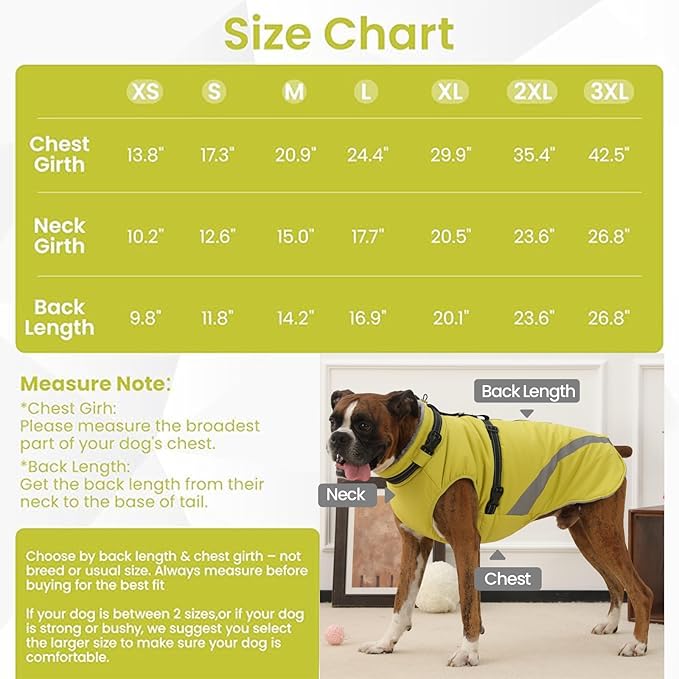 QBLEEV Dog Coat for Small Dogs, Waterproof Dog Jacket with Built-in Harness, Puppy Cold Weather Coats Reflective Vest, Windproof Warm Fleece Snowsuit Winter Coat for Chihuahua, Yorkie, Green, XS