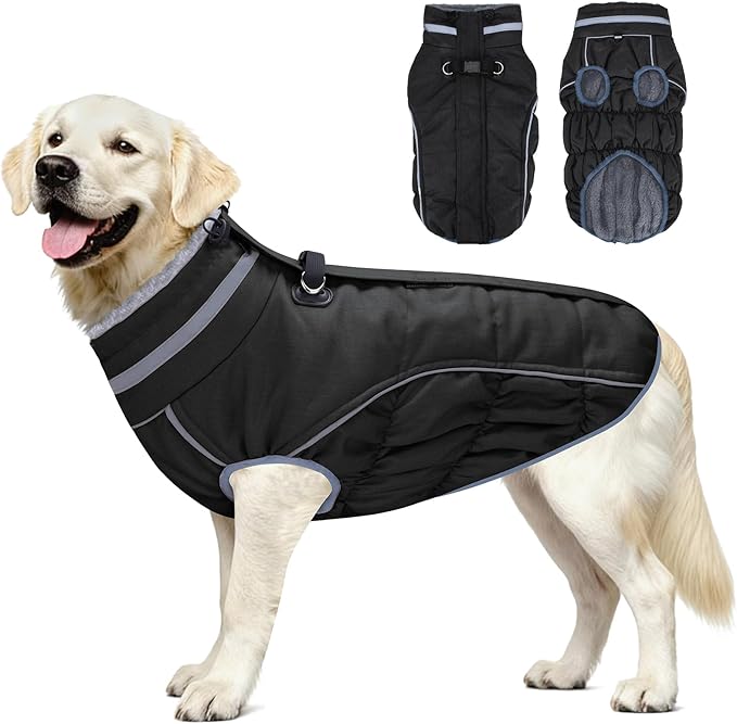 Malier Dog Coat, Reflective Dog Jacket Waterproof Windproof Puppy Cold Weather Coats with Harness Built in, Winter Extra Warm Pet Coat Fleece Vest for Small Large Pets and Puppy (Black, XX-Large)