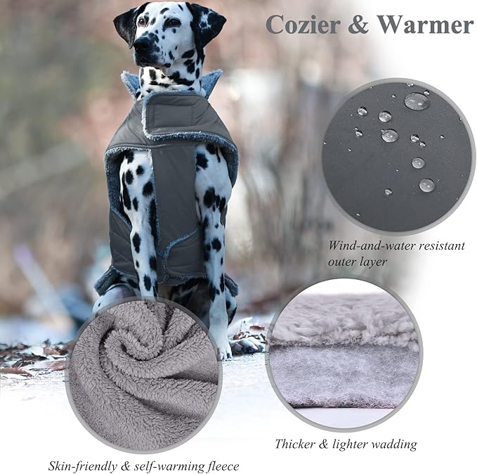 VIVAGLORY Frostfit Dog Coat, Dog Jacket for Winter & Cold Weather, Warm Fluffy Fleece Lined Water Resistant Reflective for Puppy, Coat with Velcro Fastening & Leash Hole, M+, Grey