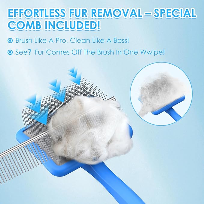 Large Dog Slicker Brush & Comb Set with Leather Sleeves - Long Pin Deshedding Brush for Golden Retrievers, Poodles, Doodles & Thick Coats, Wood Handle Pet Grooming Kit for Dogs, Cats. Blue