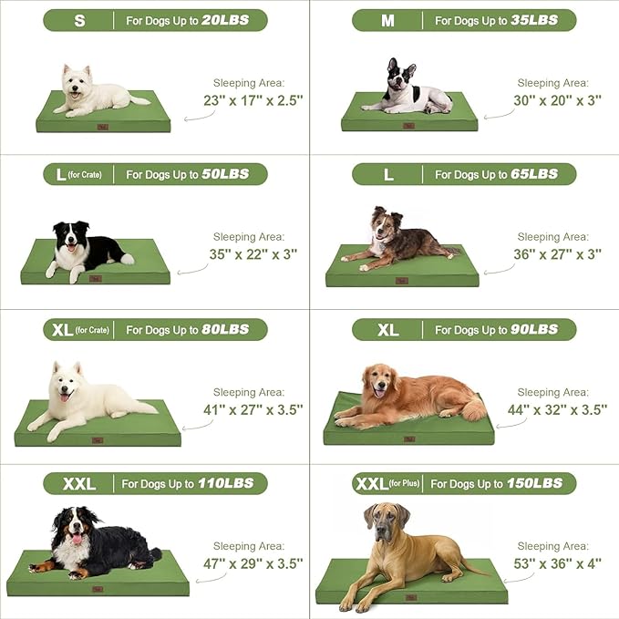 Outdoor Orthopedic Dog Bed for Extra Large Dogs, XL Waterproof Flat Pet Bed 44x32 Inch, Egg Crate Foam with Removable Washable Oxford Cooling Cover, Light Green