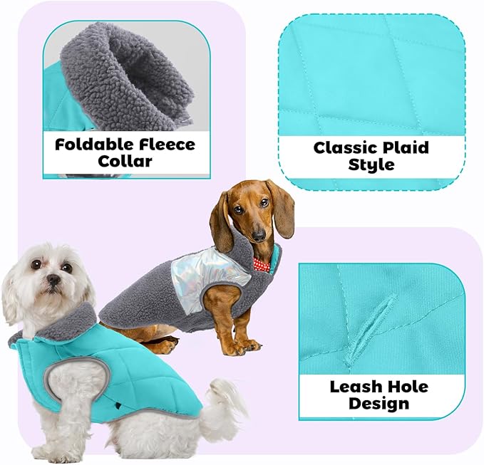 EMUST Warm Dog Jacket, Cozy Dog Fleece Coat with Leash Hole, Waterproof Reversible Winter Sweater Coats for Small Dogs, Grey, XS