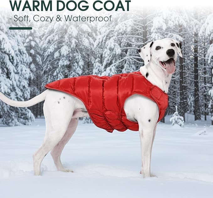 Kuoser Dog Puffer Jacket Warm Dog Coat for Small Medium Dogs, Windproof Reflective Pet Padded Vest Cold Weather Clothes Puppy Snowsuit with Hook & Loop Coats, Easy On/Off, Red M