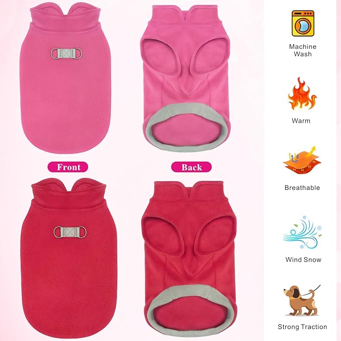 Idepet 2 Pack Dog Fleece Vest Sweater Warm Pullover Jacket with D-Ring Leash Reflective Winter Coat Hoodie for Puppy Cat French Bulldog Pug Chihuahuas Yorkies Dachshunds (Red&Rose Red,X-Large)