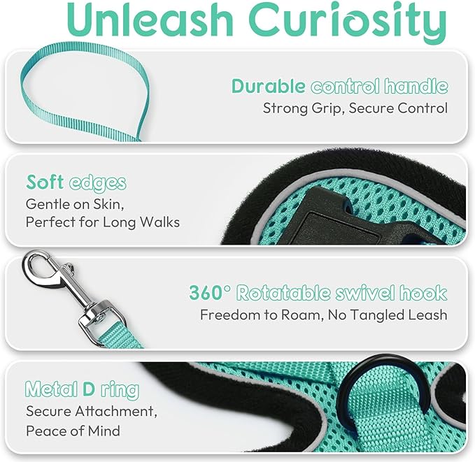 Dooradar Cat Harness and Leash Set, Escape Proof Safe Adjustable Kitten Vest Harnesses for Walking, Easy Control Soft Breathable Mesh Jacket with Reflective Strips for Cats, Green, M