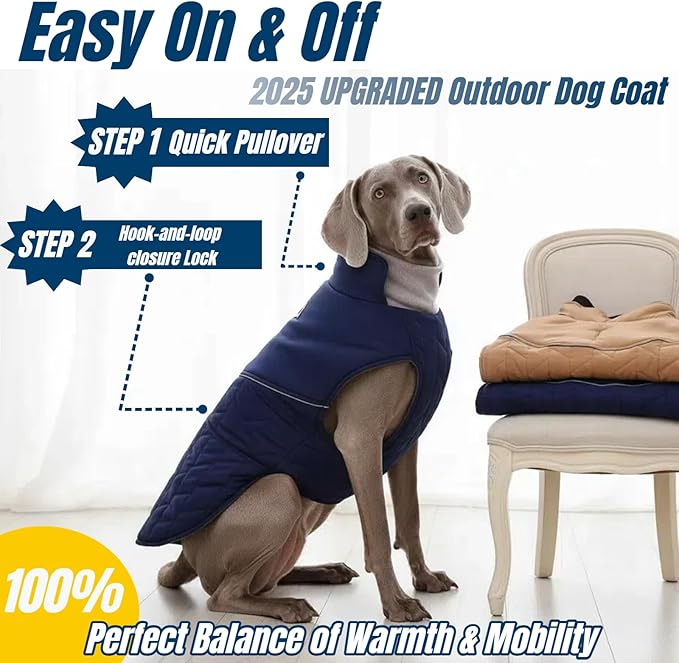 Outdoor Classic Quilted Upgraded Dog Winter Coat, Waterproof & Ultra Warmth Coats for Extra Large Dogs, Easy On & Off Jacket Chest Adjustable, Thick Pet Clothes for Great Dane Doberman(Blue,3XL)