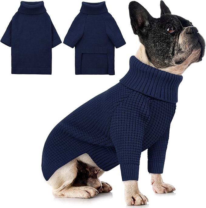 Queenmore Dog Sweaters for Small Dogs Male, Turtleneck Fall Puppy Sweater, Waffle Knit Sweater for Dogs, Cat Sweater Puppy Sweaters, Doggie Christmas Sweater, Navy Blue XS