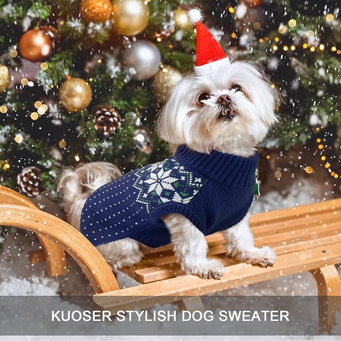 Kuoser Dog Sweater, Holiday Christmas Snowflake Pet Warm Knitwear Dog Sweaters Soft Puppy Clothing, Doggie Turtleneck Cold Weather Outfit Pullover for Small Medium Large Dogs Cats, Blue 2XL