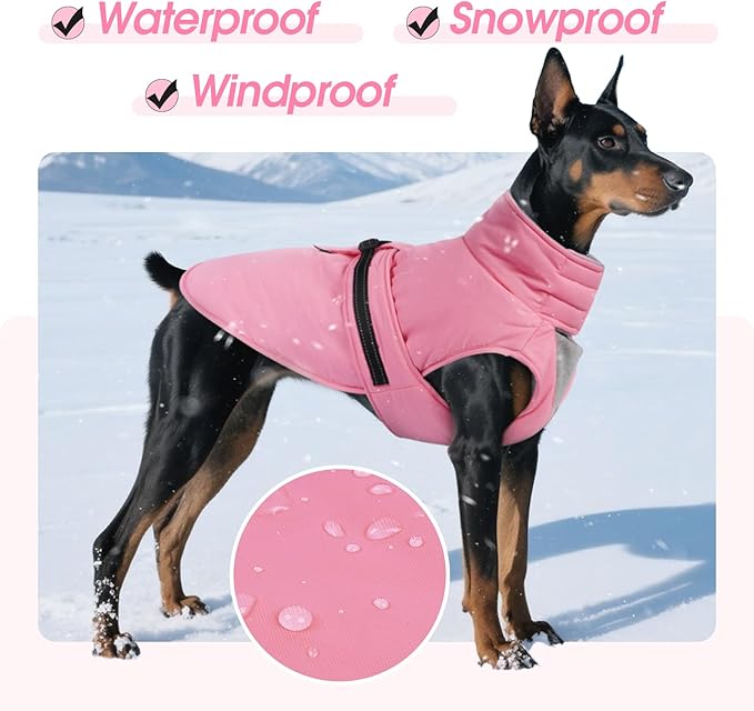 Large Dog Coat, Warm Dog Winter Jacket, Waterproof Dogs Snowsuit with Foldable High Collar, Reflective Strips, Leash Hole, and Adjustable Hook & Loop Closure - Ideal for Cold Weather - Pink L