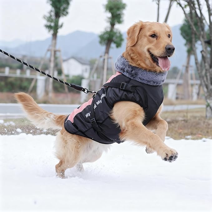 Dog Coat for Medium Large Dogs,Waterproof Reflective Dog Winter Jacket with Harness, Fleece Snowsuit,Warm Pet Winter Coat(pink-6XL)