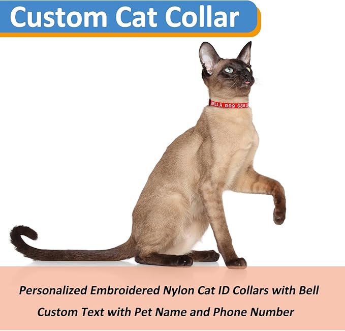Personalized Cat Collars, Embroidered with Pet Name and Phone Number, Adjustable Nylon Breakaway Safety Release Buckle ID Collar,Custom Text with Bell for Cat or Kitten,Teal