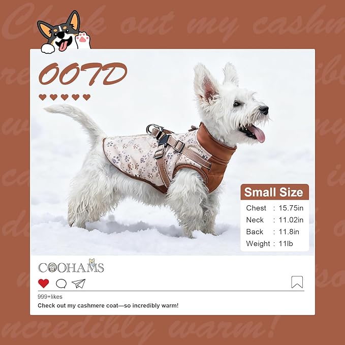 Dog Winter Coat for Small & Medium Dogs (Up to 32lb), Waterproof Dog Coat with Harness, Puppies Windproof Puppy Puffer Jacket, Snowsuit for Dachshund,Frenchie, Corgi (Paw Brown, Small)