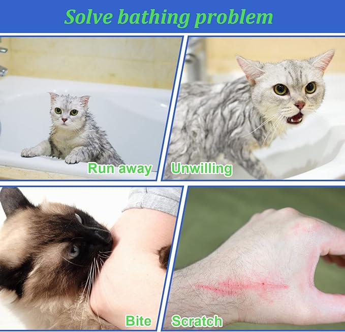 Breathable Mesh Shower Bag - Anti Scratch Adjustable Grooming for Nail Trimming, Bathing - Polyester Soft Cat Washing (Blue-Green)