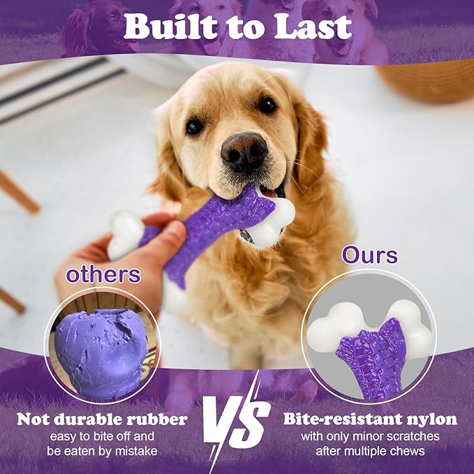 6-Pack Tough Dog Chew Toys for Aggressive Chewers Large Medium Breed Bacon Flavor, Bone Toy Dog, Nylon Heavy Duty Extreme Indestructible Teething Training