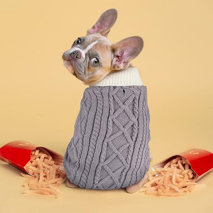 Small Dog Sweaters with Leash Hole Turtleneck Dog Sweaters Knitwear Boys Girls Warm Soft and High Stretch Pet Clothes for Fall Winter，Pet Shirts for Kitten Puppy Grey Large