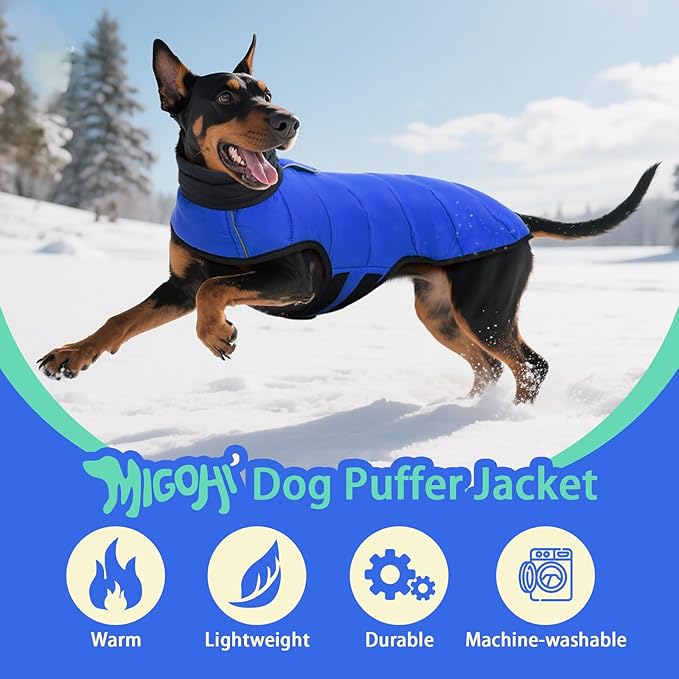 MIGOHI Lightweight Dog Coat, Windproof Dog Jacket, Puffer Jacket for Small Dogs, Padded Vest with Reflective Strips, Warm Snow Vest in Cold Weather, Easy On Hook & Loop Belly, Blue, XS