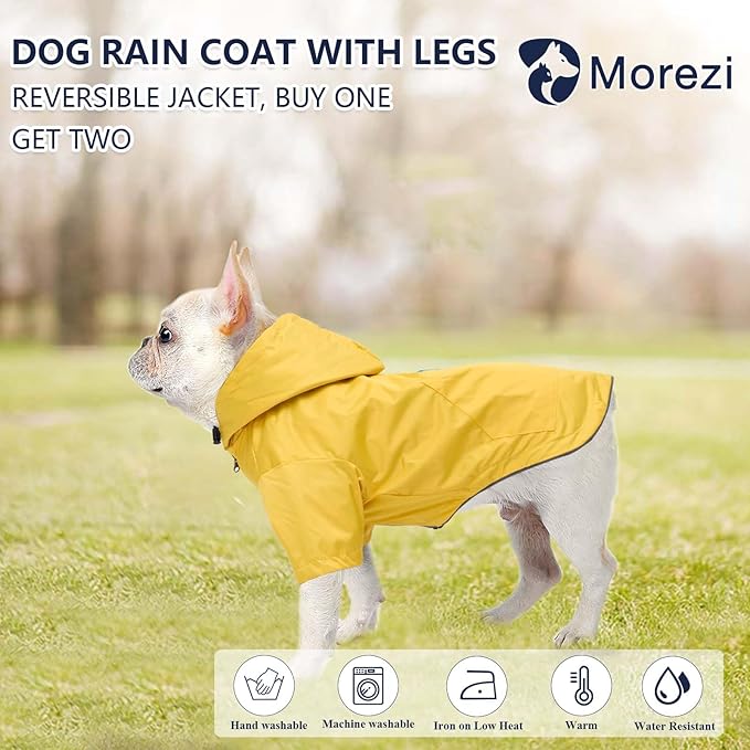 Dog Raincoat Dogs Waterproof Reversible rain Jacket Dog Small Medium Breeds Reflective Zipper Storage Pocket Harness Hole - Yellow - XS
