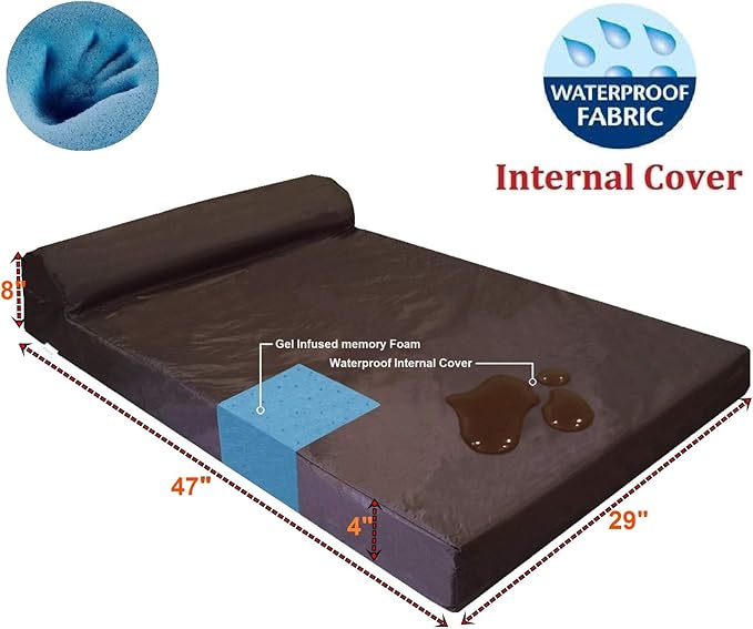 Dogbed4less Premium HeadRest Pillow Orthopedic Cool Memory Foam Dog Bed for Large Dogs, Waterproof Lining with Washable Denim Blue Cover, Extra Large 47X29