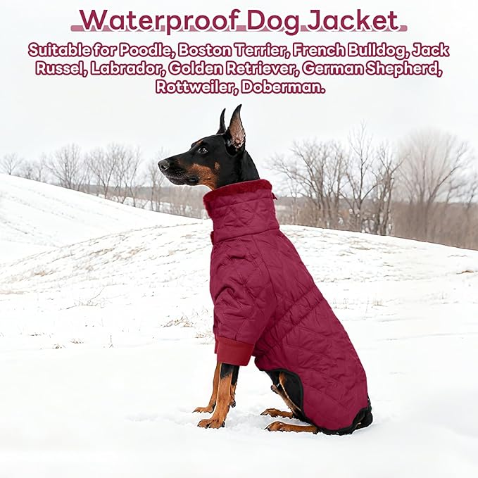 IDOMIK Dog Winter Coat for Large Dogs, Warm Dog Winter Jacket with Fleece High Collar, Zippered Cold Weather Coats for Dogs, Waterproof Doggy Snow Jacket Clothes,WineRed,XL