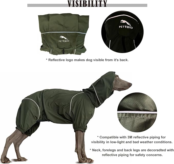 Dog Lightweight Windbreaker, Dog Outdoor 4-Legs Jacket, 0.5 lbs,Durable Water Repellent, Hooded, Easy on/Off with Collar and Harness, Reflective, Packable,Dark Olive - Small